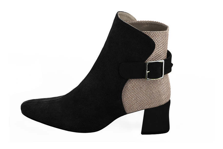 Matt black and tan beige women's ankle boots with buckles at the back. Square toe. Medium block heels. Profile view - Florence KOOIJMAN